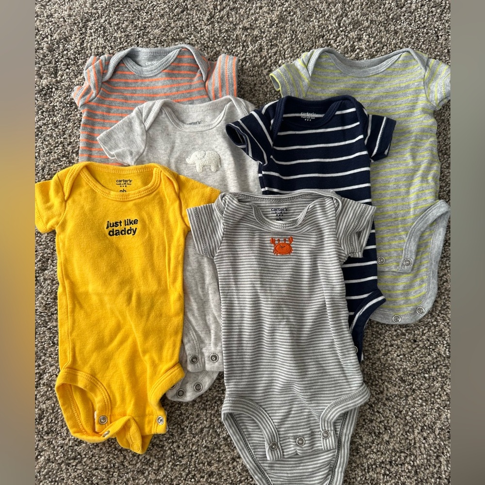 Carter's Baby One-Piece Bodysuit Lot - Yellow, Gray, Navy, Orange, Green